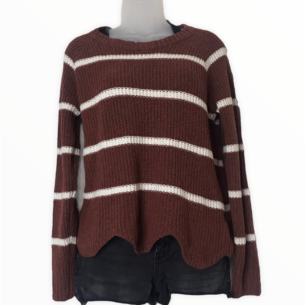 Pinque Rust Scalloped Striped Ribbed Sweater